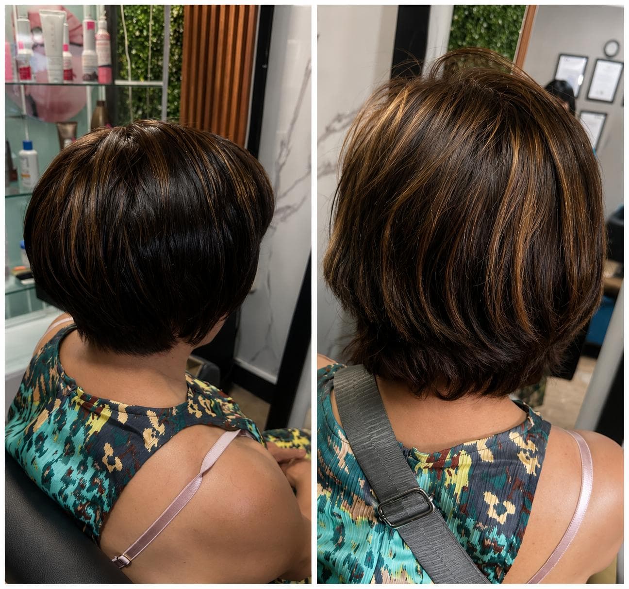Corte bob con reflejos caramelo, dos ángulos
